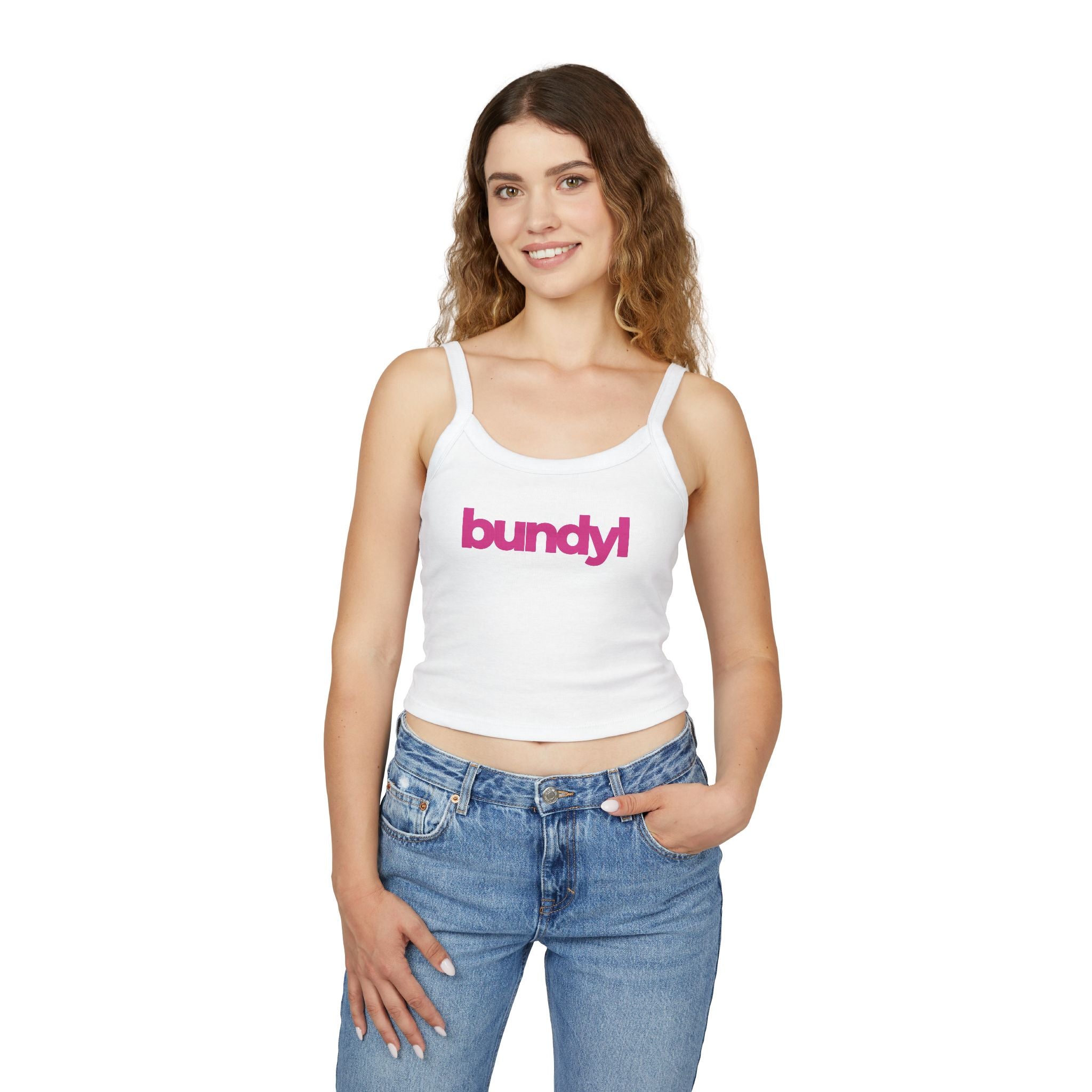 Woman wearing a white tank top with 'bundyl' logo and blue jeans on a white background