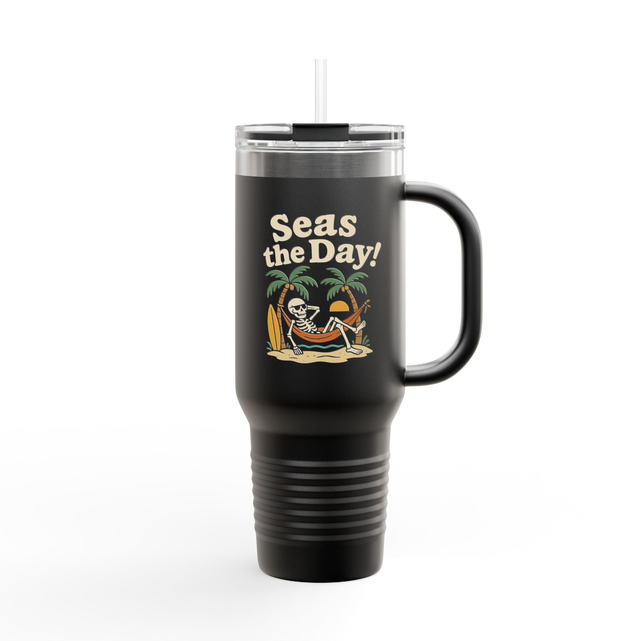 Black insulated tumbler with a handle, featuring a graphic print of a skull, palm trees, and the text 'Seas the Day!'