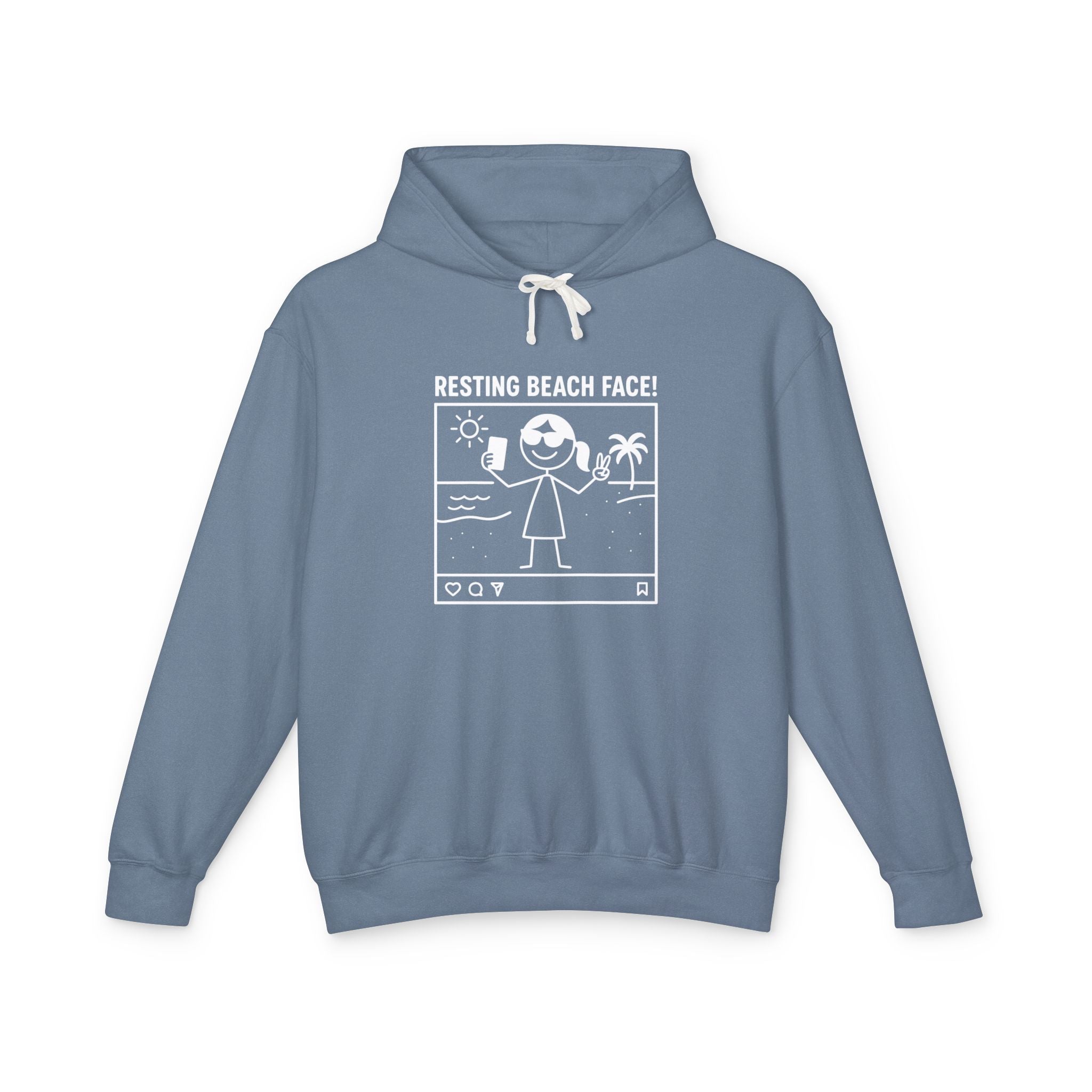 Blue hoodie with 'Resting Beach Face!' graphic on a white background