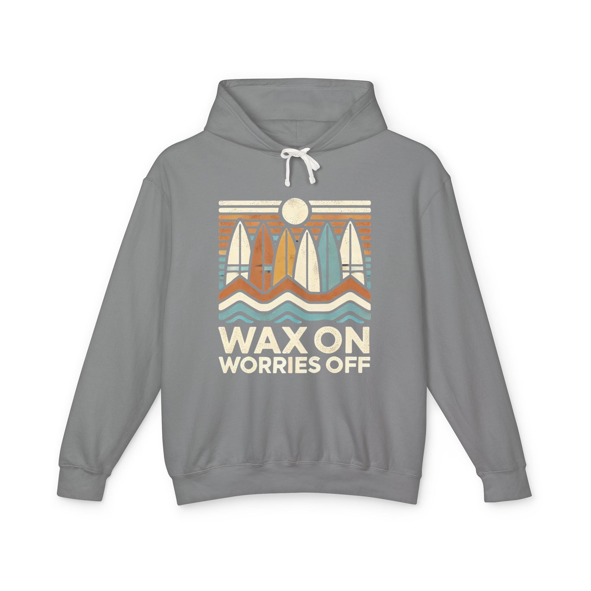 A gray hooded sweatshirt with a graphic print of surfboards and text 'WAX ON WORRIES OFF' on the front.