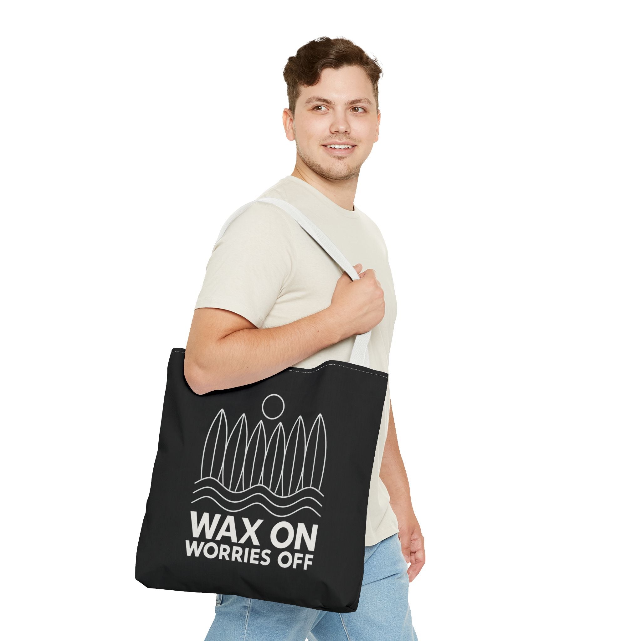 Boards Up 'Wax On' Beach Canvas Tote Bag - 18x18 in Pencil White