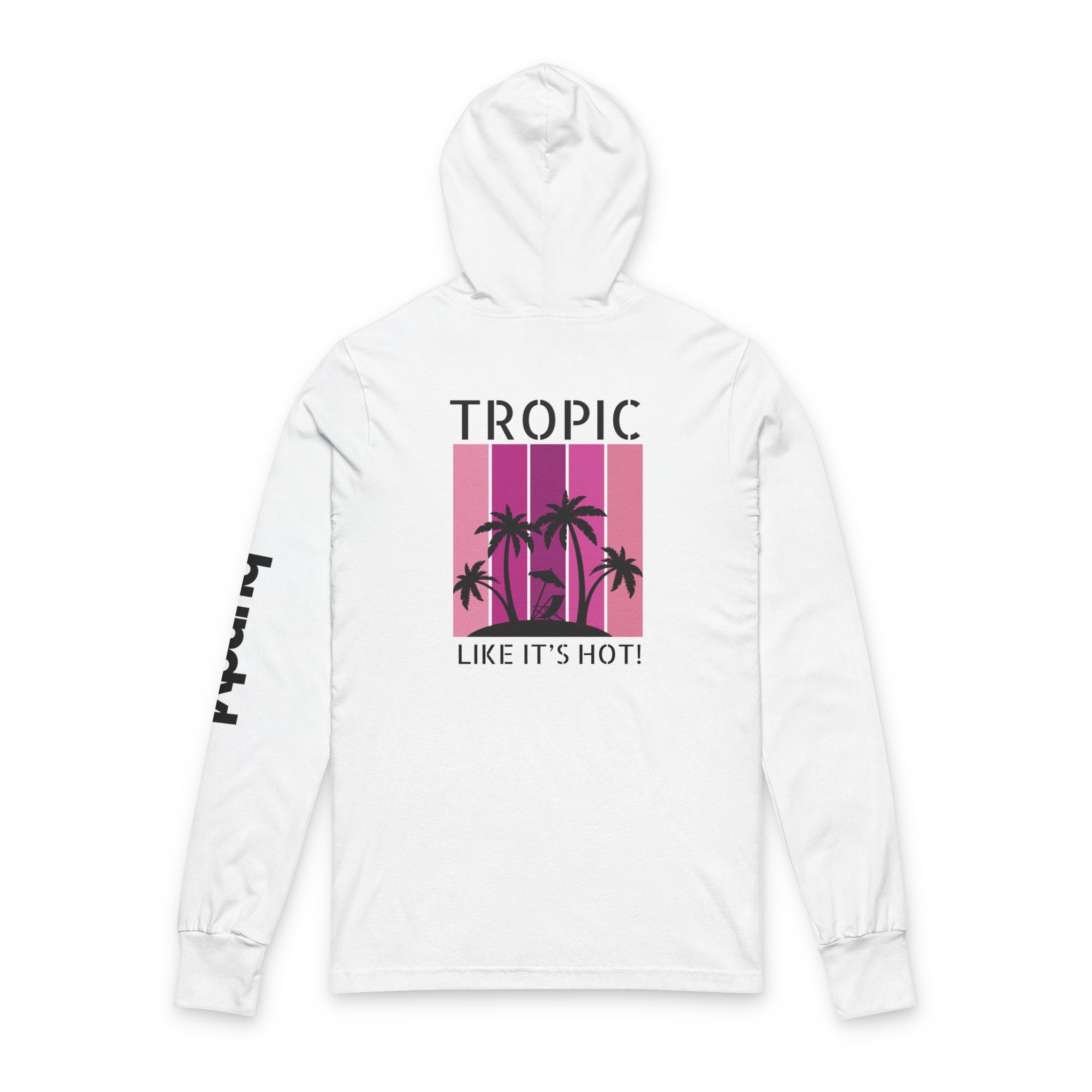 White hoodie with tropical design and text on a white background