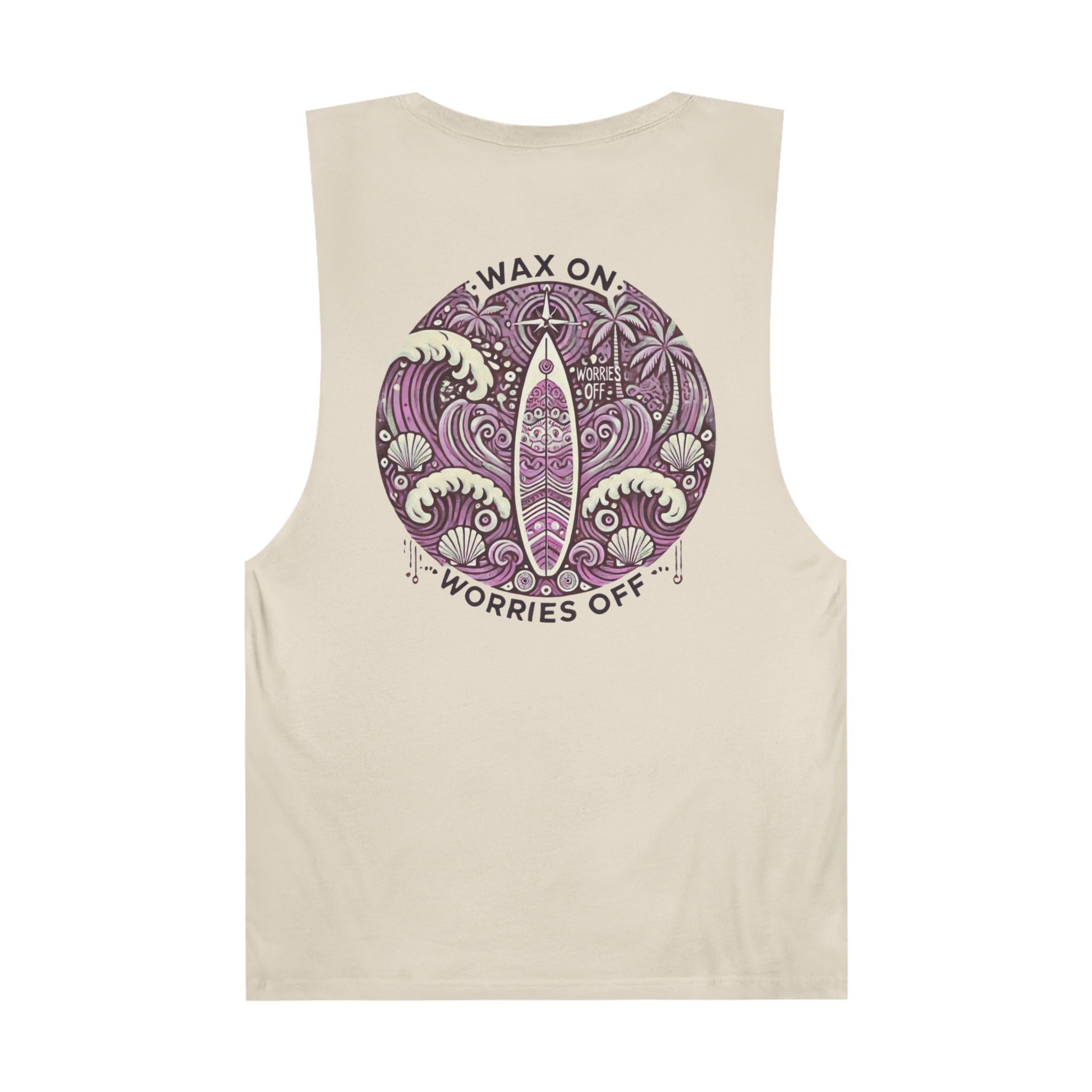 A sleeveless tank top with 'Wax On' and 'Worries Off' text and a surfboard graphic in purple on a beige background.