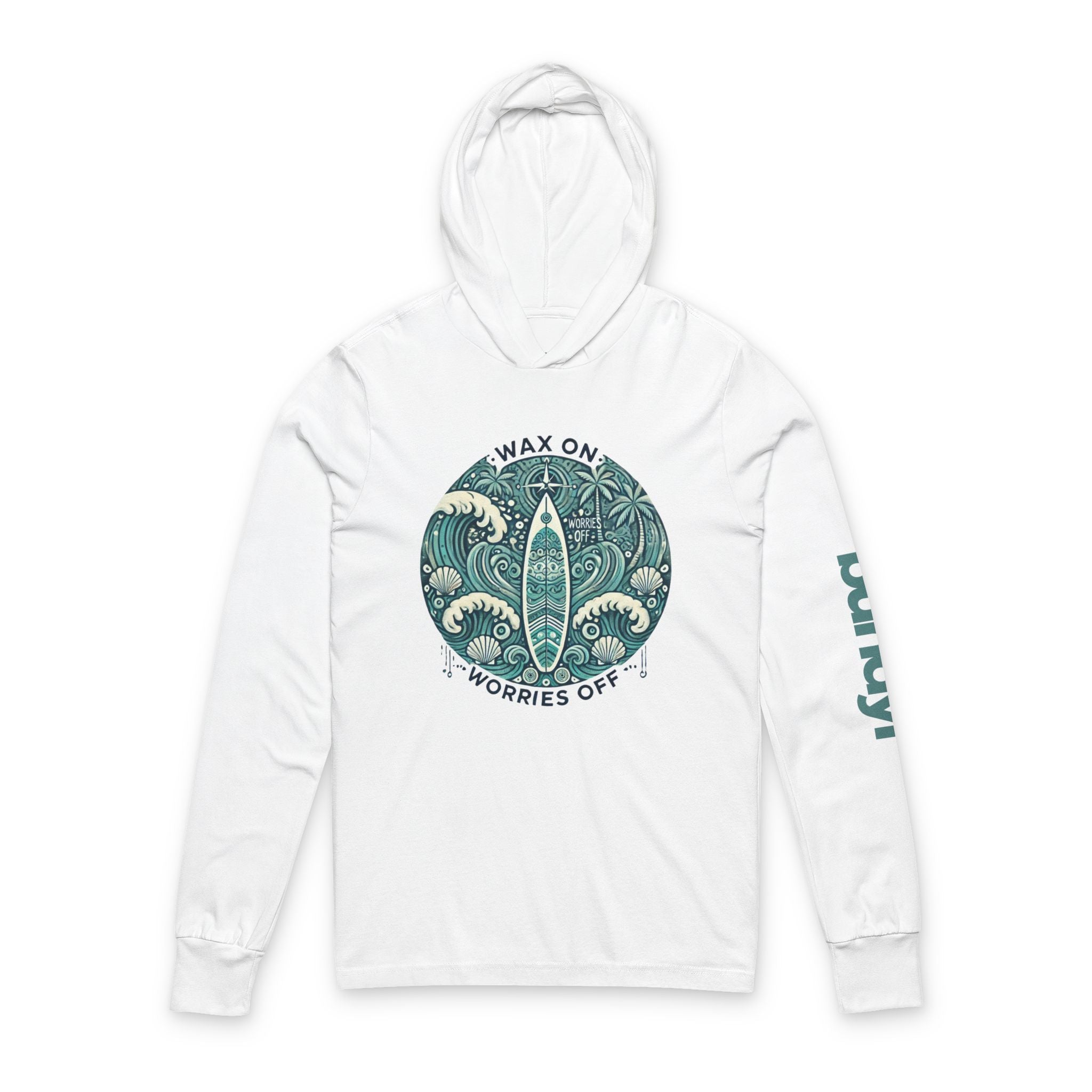 A long sleeve hooded tee with a 'Wax On' graphic design in shadow green color.
