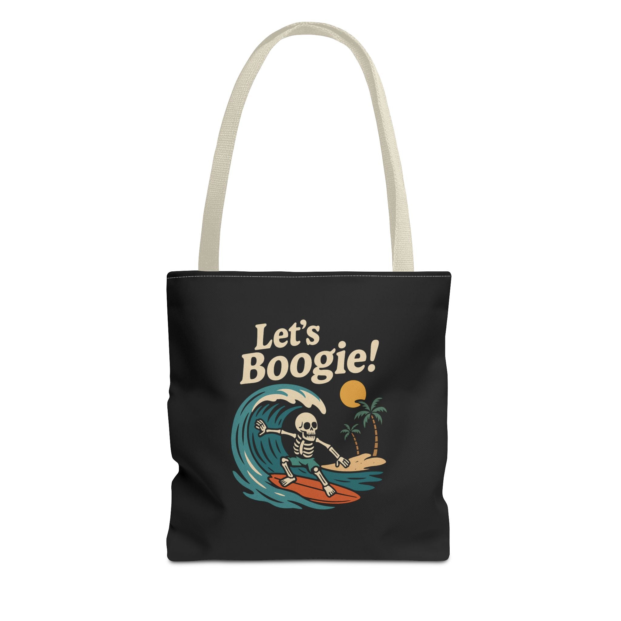 Black tote bag with a skeleton surfing design and 'Let's Boogie!' text on a black background