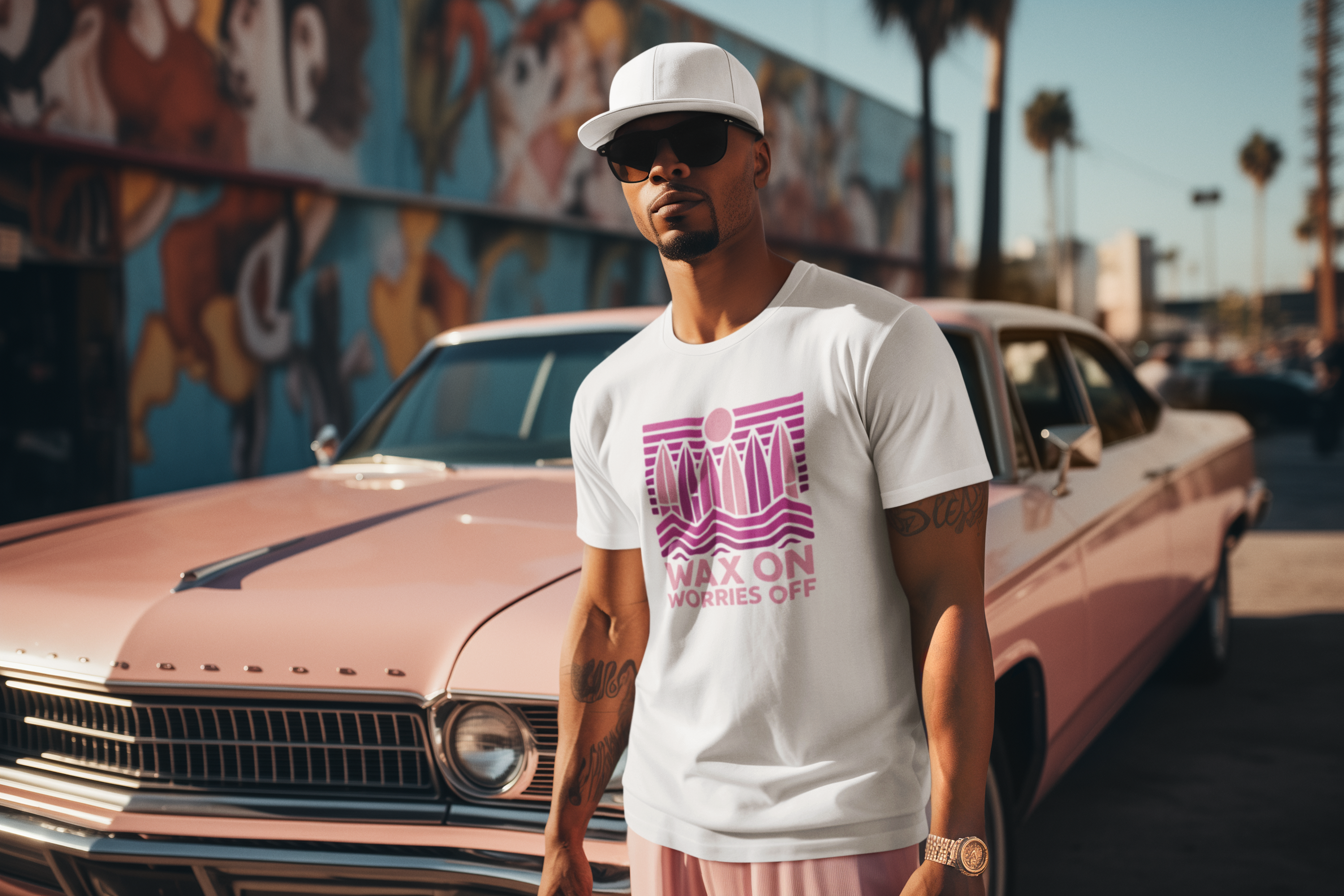 A person wearing a white fitted tee with a pink graphic standing in front of a car with a graffiti wall in the background.