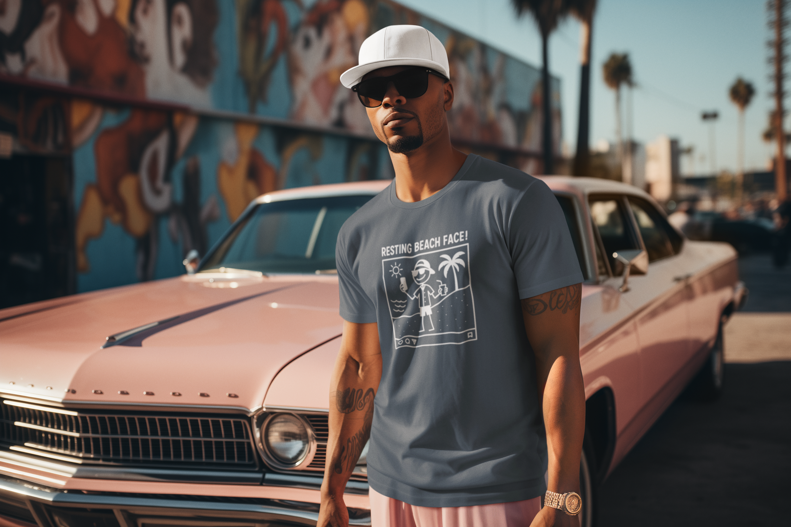 Man wearing a graphic t-shirt and cap standing next to a vintage car with a colorful mural in the background.